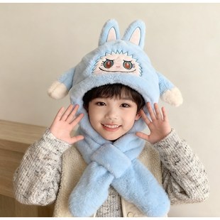 拉布布帽子男童冬季保暖毛绒帽围巾一体帽耳朵会动儿童防风护耳帽