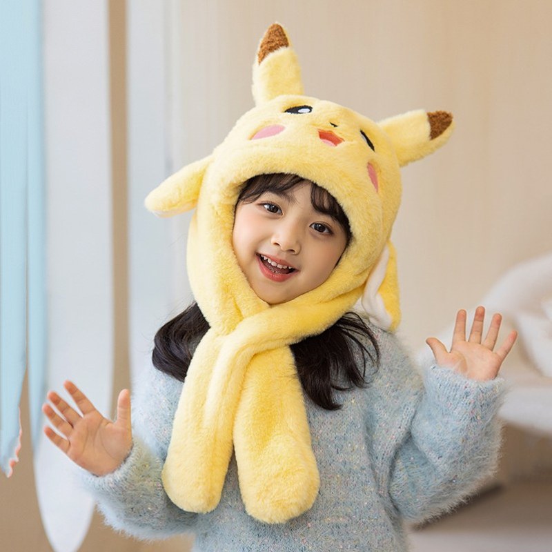 皮卡丘帽子儿童保暖毛绒帽围巾一体帽耳朵会动男女宝宝围脖护耳帽