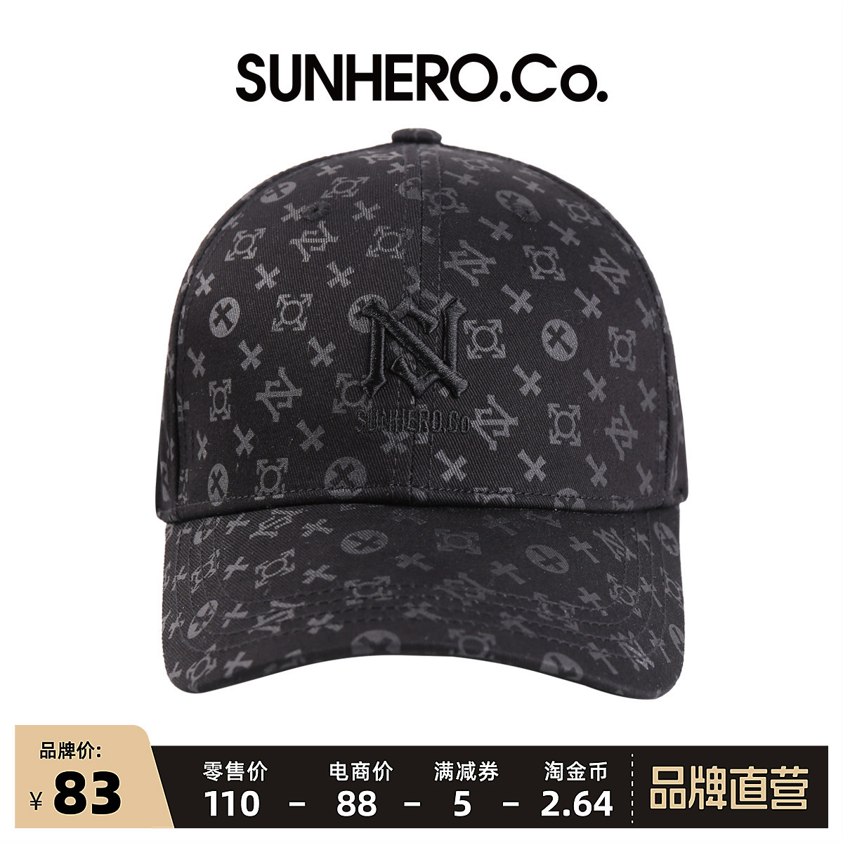 sunhero美潮复古老花棒球帽男女情侣鸭舌帽印花防晒硬顶弯檐帽ins