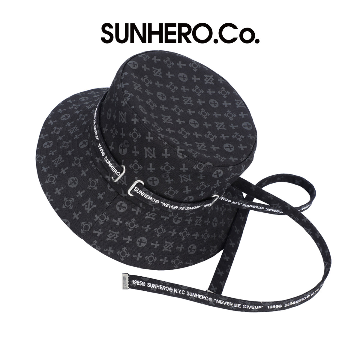 sunhero字母长飘带渔夫帽女黑色印花盆帽男士情侣遮阳防晒帽子