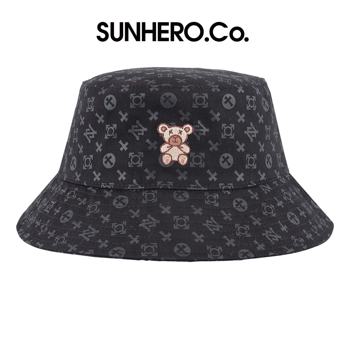 sunhero美潮卡通小熊渔夫帽欧美轻奢老花满印logo明星款遮阳盆帽