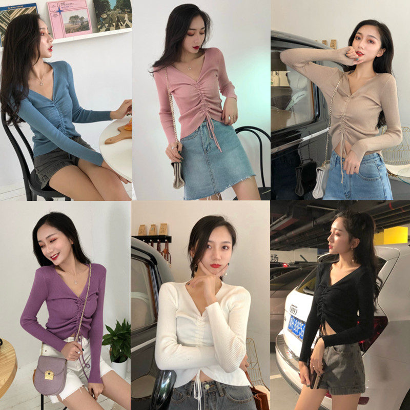 2018ÇïװпîVÁì´¿É«ÕëÖ¯ÉÀÅ®³¤Ð䱡¶Ì¿î½ôÉíÐÞÉíÏÔÊݳéÉþÉÏÒÂTÐô