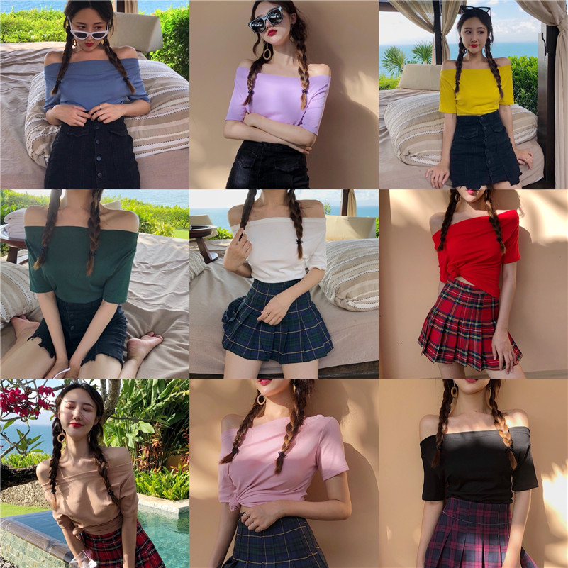 夏装女装韩版宽松显瘦一字肩打底学生chic短袖纯色T恤露肩上衣潮