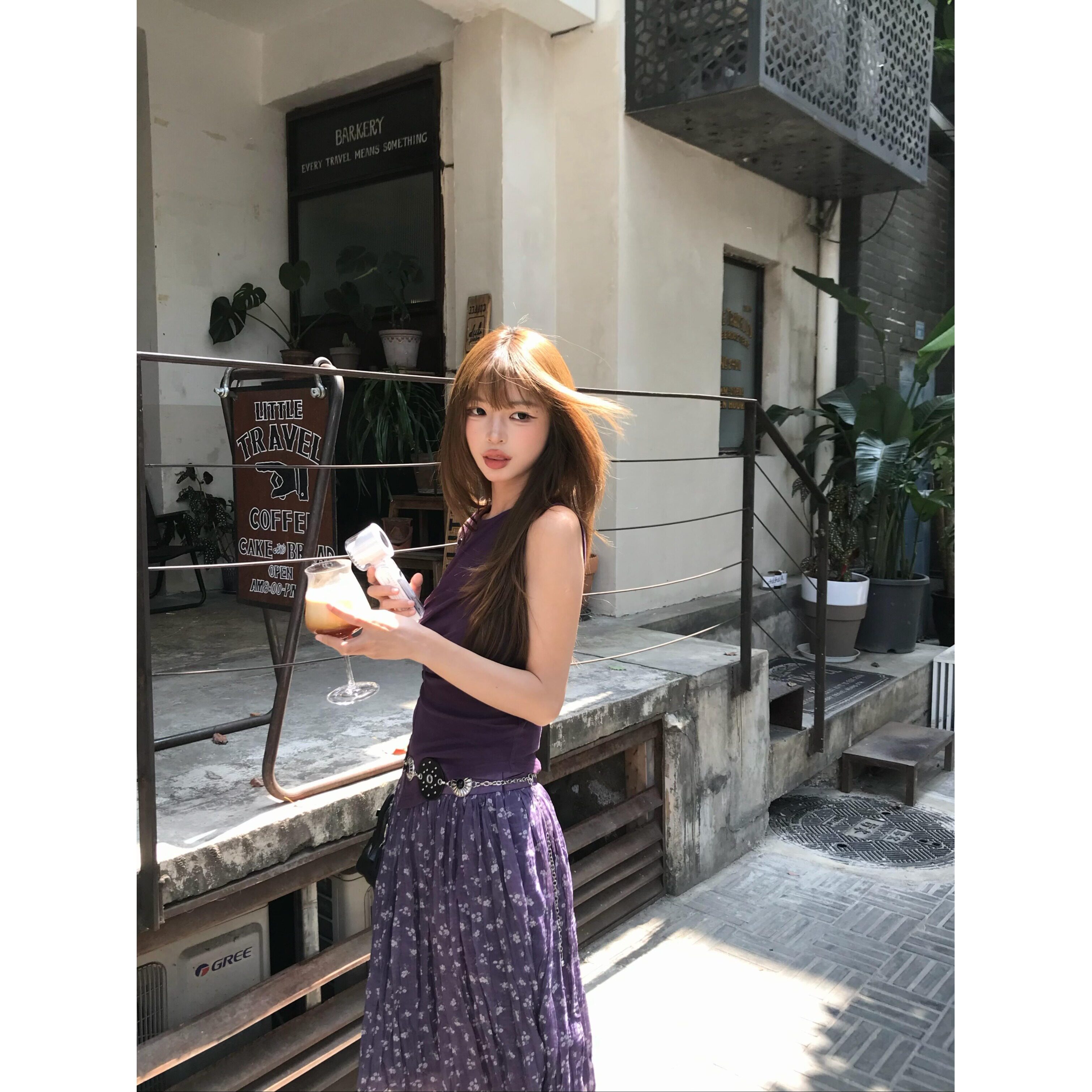 PPSHD｜复古气质港风紫色碎花半身裙辣妹小众高腰显瘦百褶A字裙
