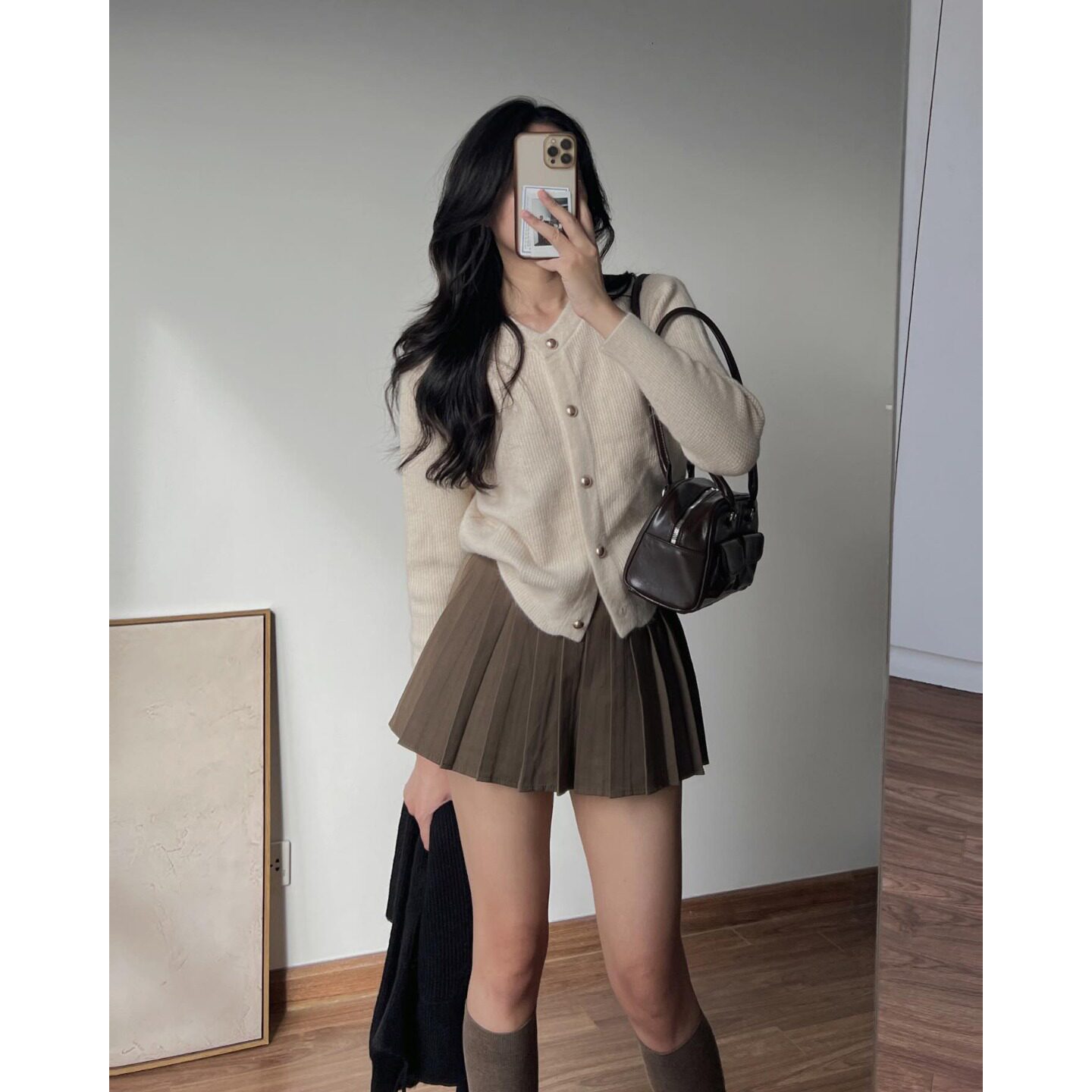 PPSHD2024新款韩系复古百搭俏皮半身裙+单排扣针织衫开衫毛衣套装