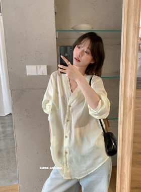 IMISS-品质气质花边V领55苎麻小衫(麻料有麻结麻点为正常)R20389