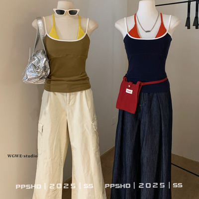 WGWE｜法式撞色拼接假两件无袖背心上衣女夏季设计感独特精致吊带