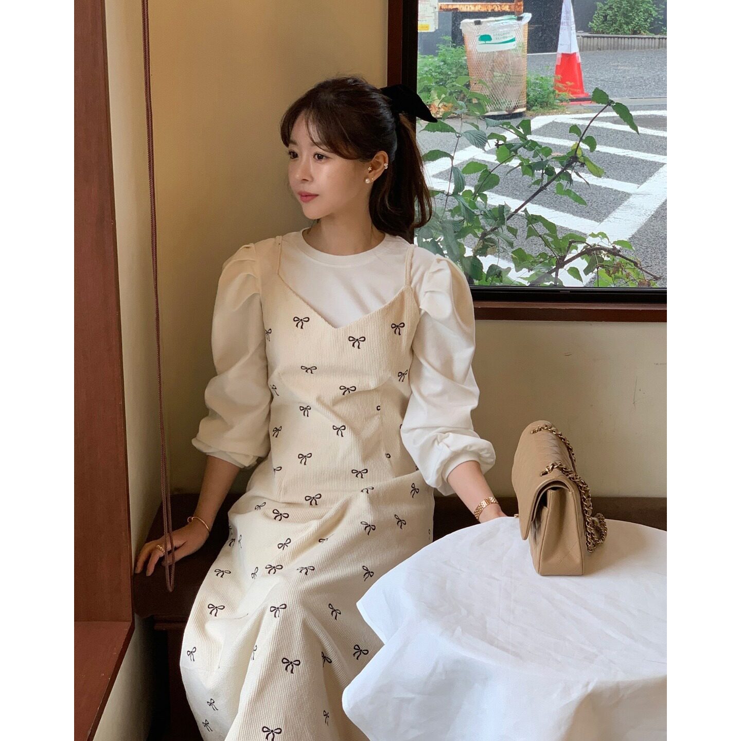 PPSHD韩国chic 气质百搭泡泡袖纯色衬衫+灯芯绒蝴蝶结吊带连衣裙
