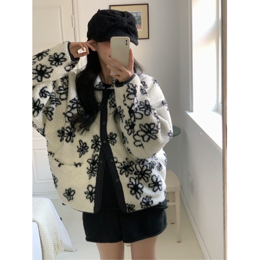 PPSHD2024秋冬韩系chi复古羊羔绒提花保暖双面穿古着夹克外套上衣