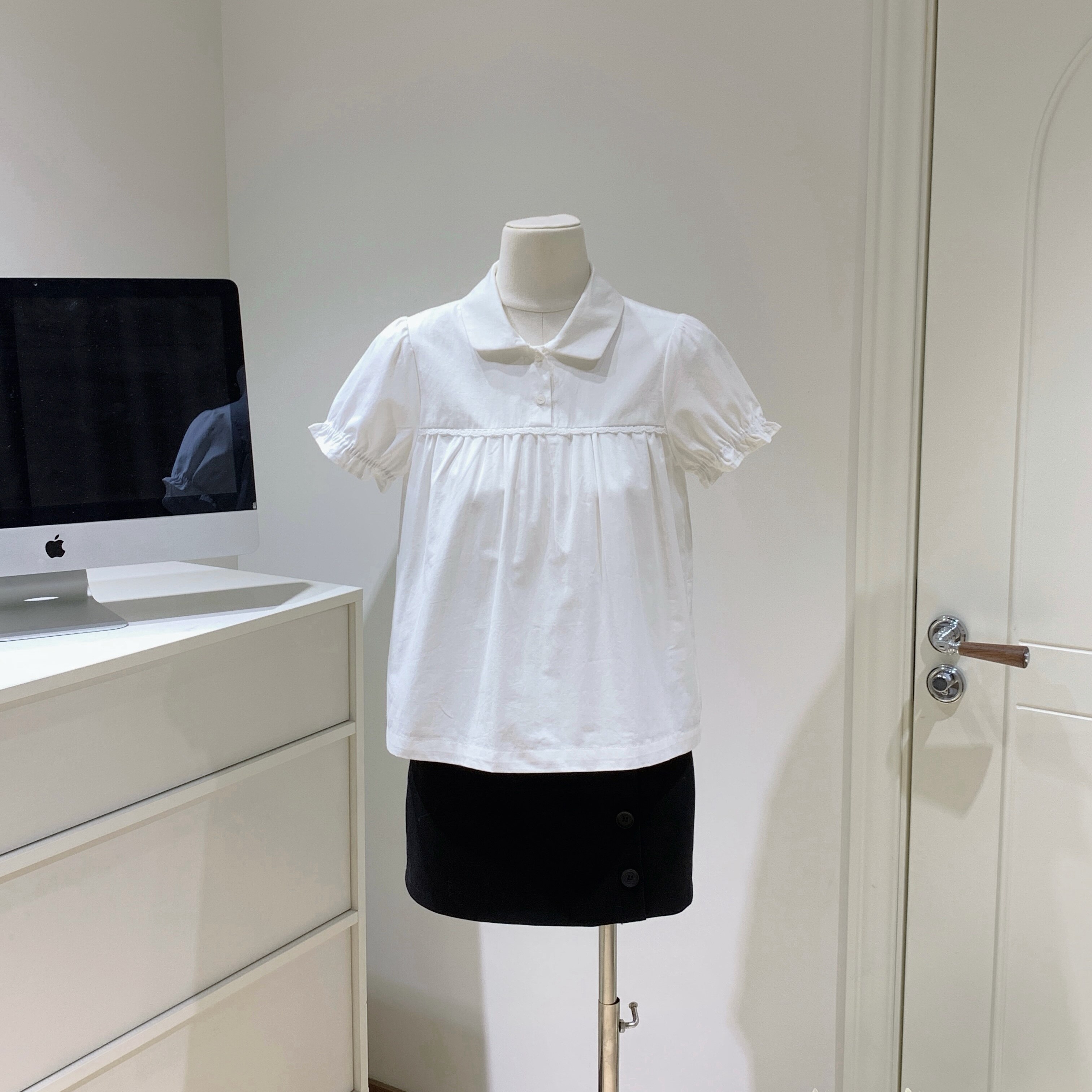 PPSHD｜ 白色娃娃领洗水棉短袖上衣女内里棉纱里布透气排汗