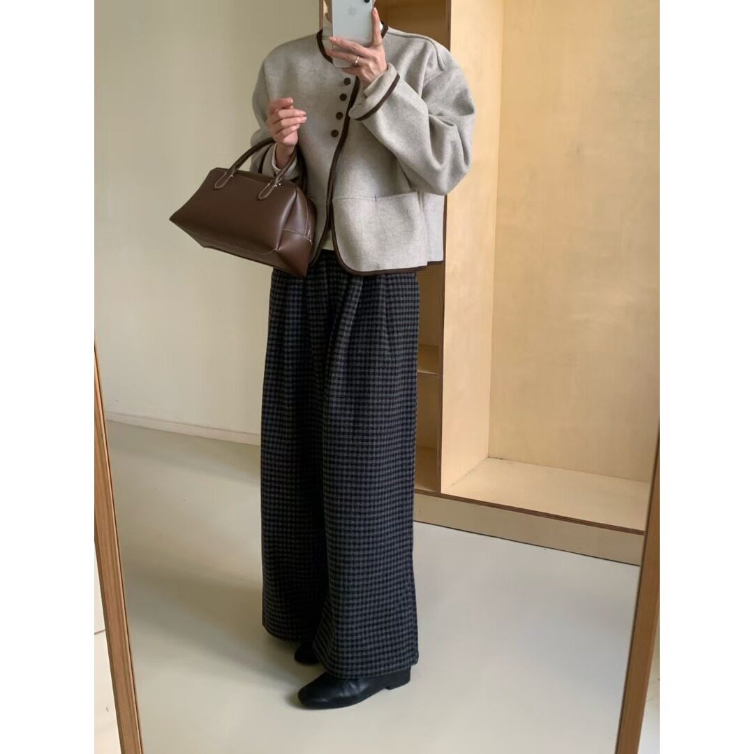 PPSHD｜韩系高腰毛呢格子阔腿裤休闲宽松百搭松紧腰直筒裤女