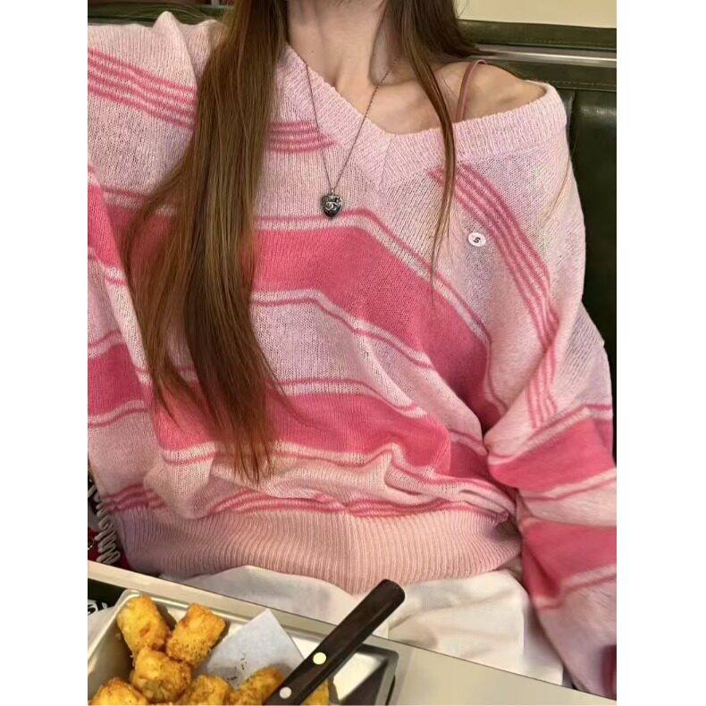 PPSHD韩国东大门条纹V领针织衫小标宽松百搭中长款套头长袖上衣女