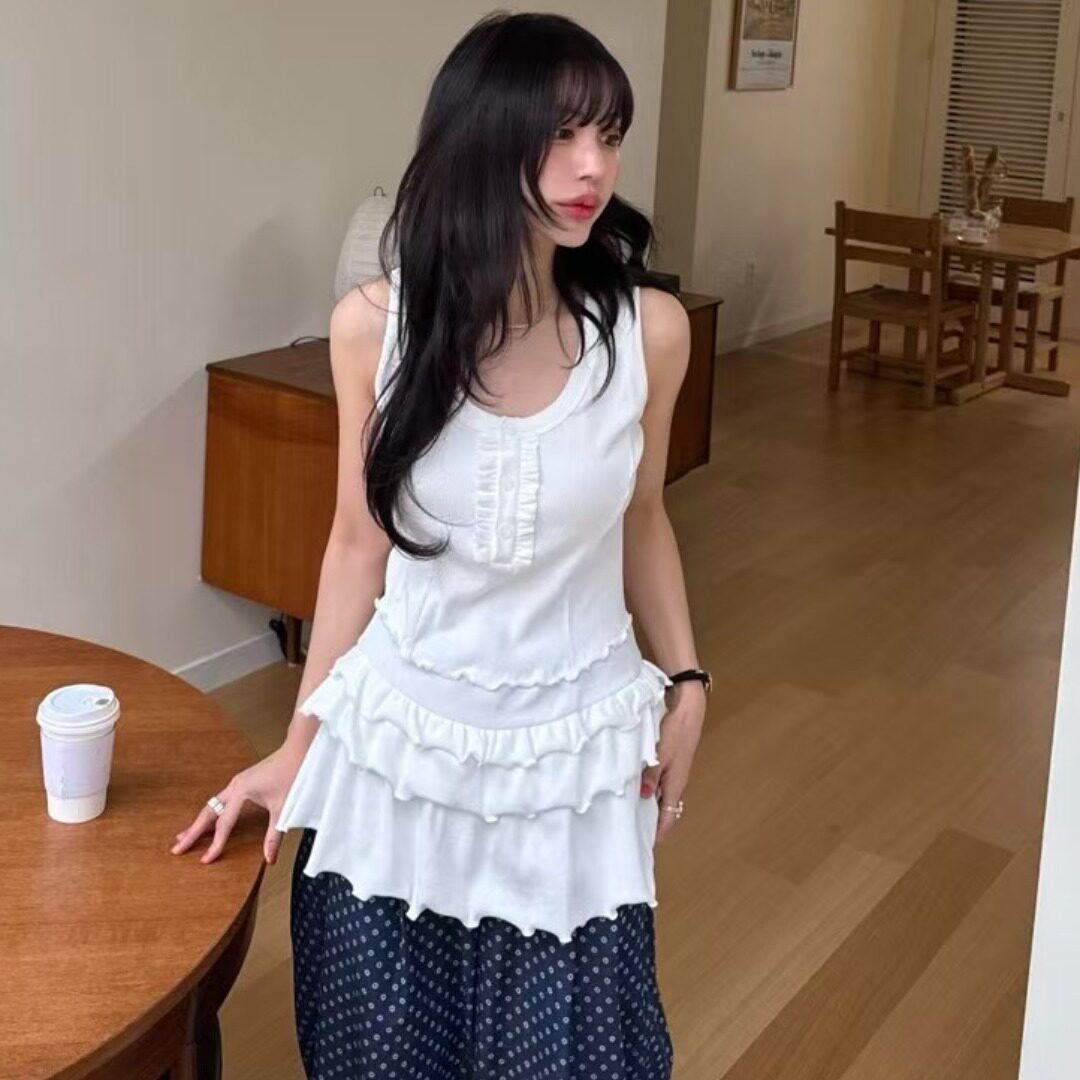 PPSHD|ins韩国芭蕾风甜美木耳边多层重工无袖上衣俏皮减龄连衣裙