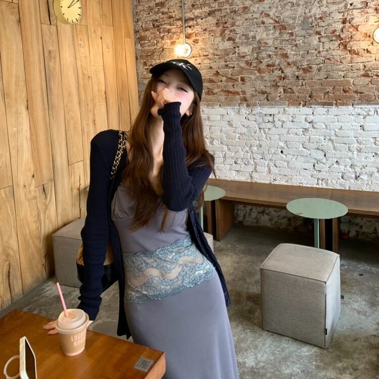 PPSHD| 明星蕾丝拼接吊带连衣裙百搭毛衣开衫套装