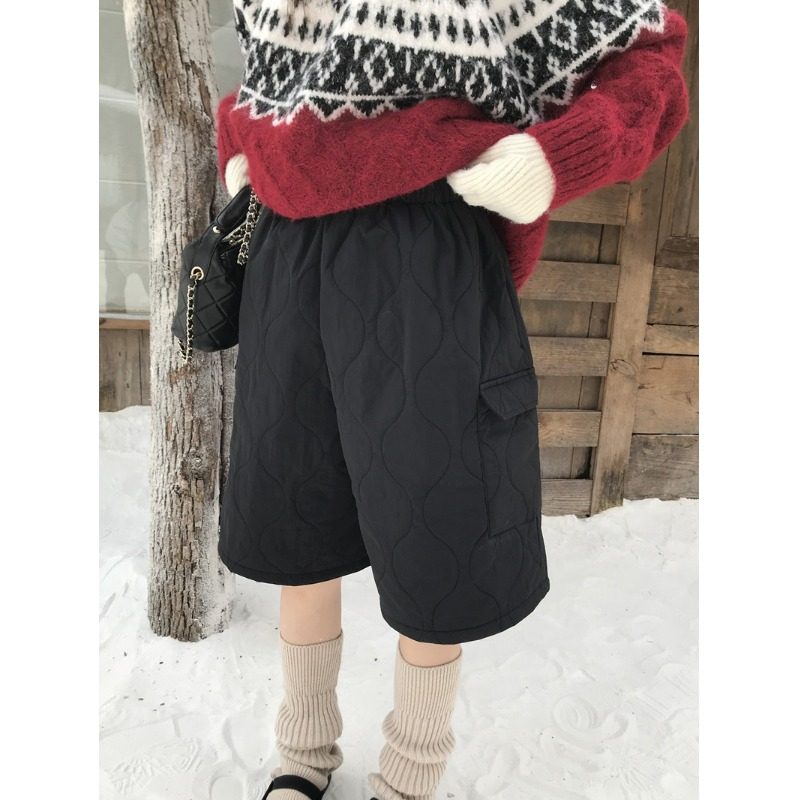 PPSHD 小众复古 葫芦纹松紧腰夹棉工装裤五分裤宽松直筒短裤 色