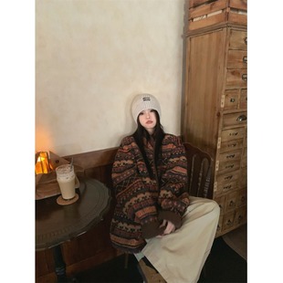 PPSHD 冬季立领图腾加厚保暖宽松美拉德印花羊羔毛外套