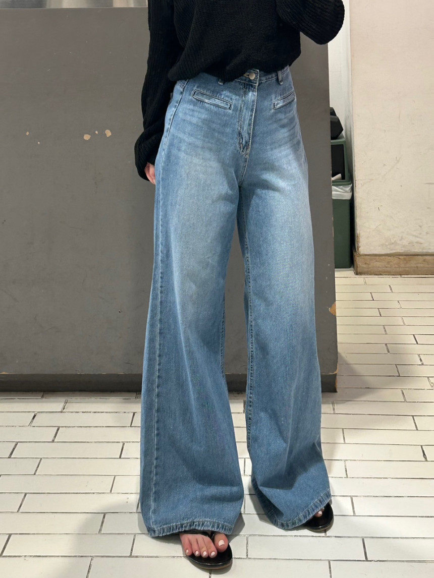 明线拼接裤子女阔腿牛仔长裤