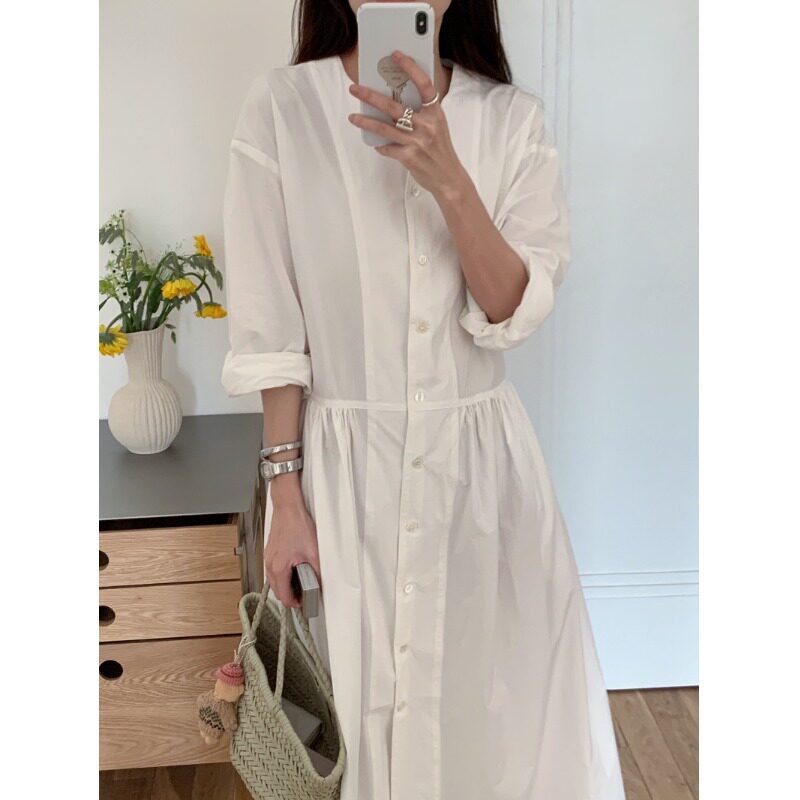 PPSHD 法式温柔 优雅气质圆领单排扣宽松长款系带连衣裙