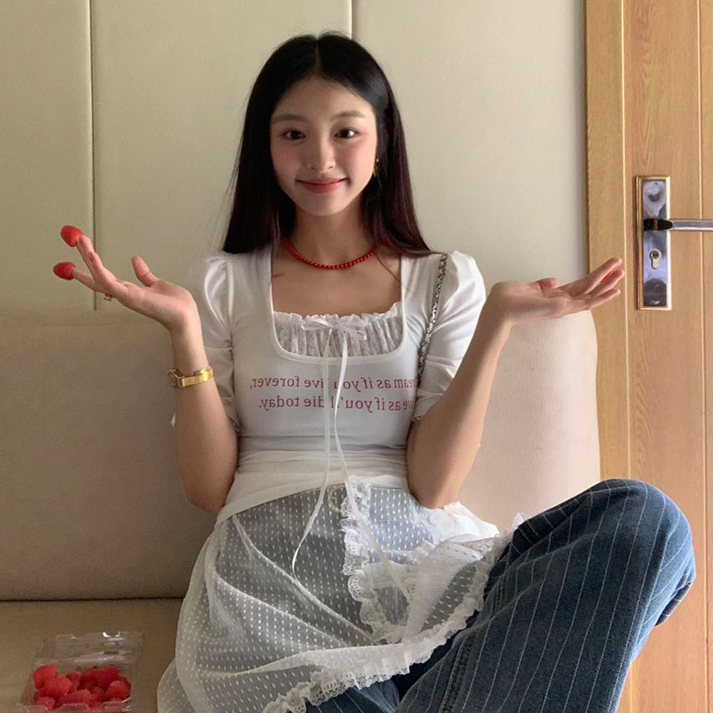 PPSHD元气少女蕾丝拼接蝴蝶结上衣女丝带字母印花修身短袖U领T恤