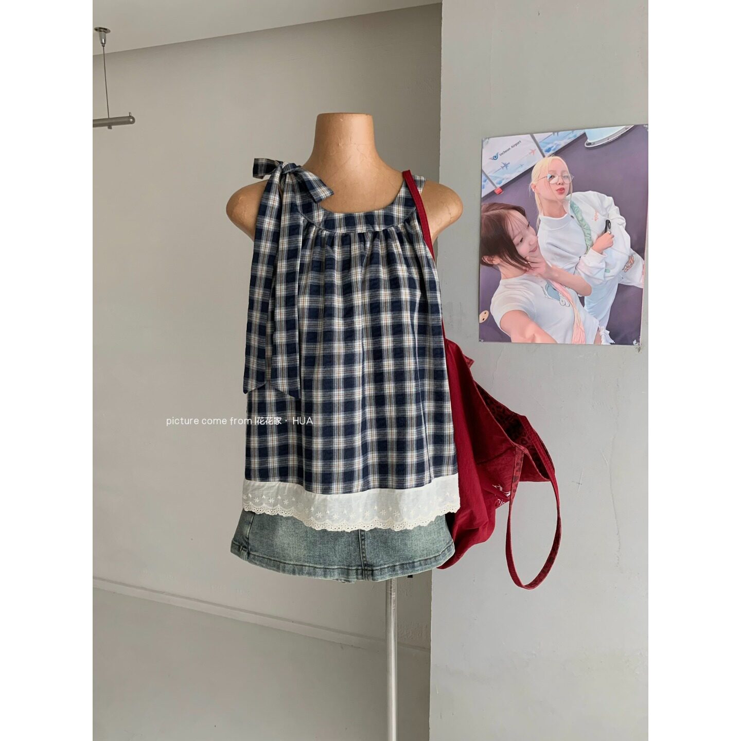 现货|格子无袖坎肩绑带吊带背心女款设计感拼接蕾丝上衣