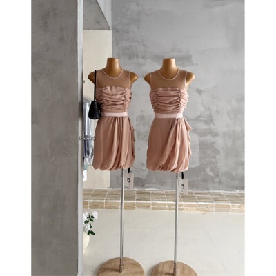 PPSHD｜很辣娇贵小猫裸粉色网纱褶皱连衣裙子女气质短裙