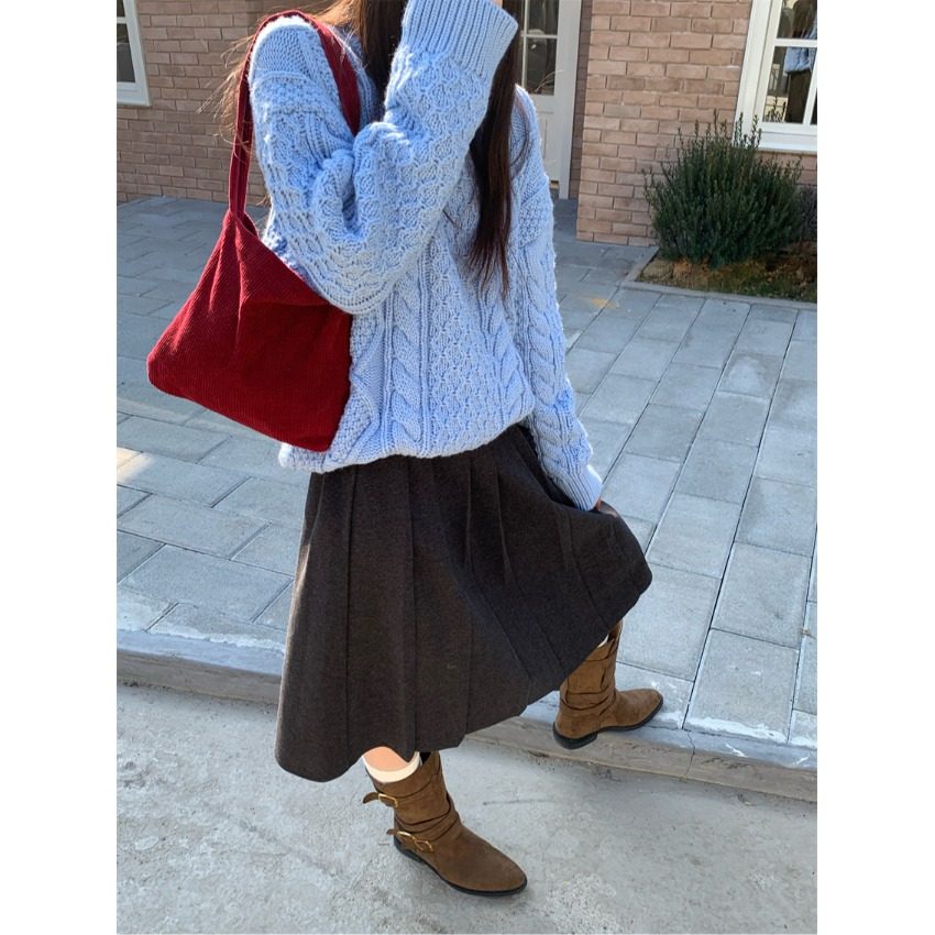 PPSHD韩里韩气ins复古小翻领奶蓝色麻花毛衣高腰毛呢半身裙套装女,女装/女士精品,时尚套装,淘宝优惠券,粉丝福利购,淘宝优惠卷