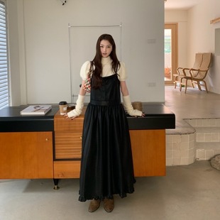 套复古吊带皮裙套装 兔毛毛衣配袖 韩系泡泡袖 PPSHD