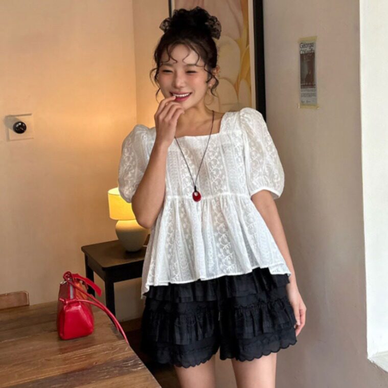 PPSHD| 法式复古减龄甜美公主风蕾丝刺绣方领泡泡袖衬衫
