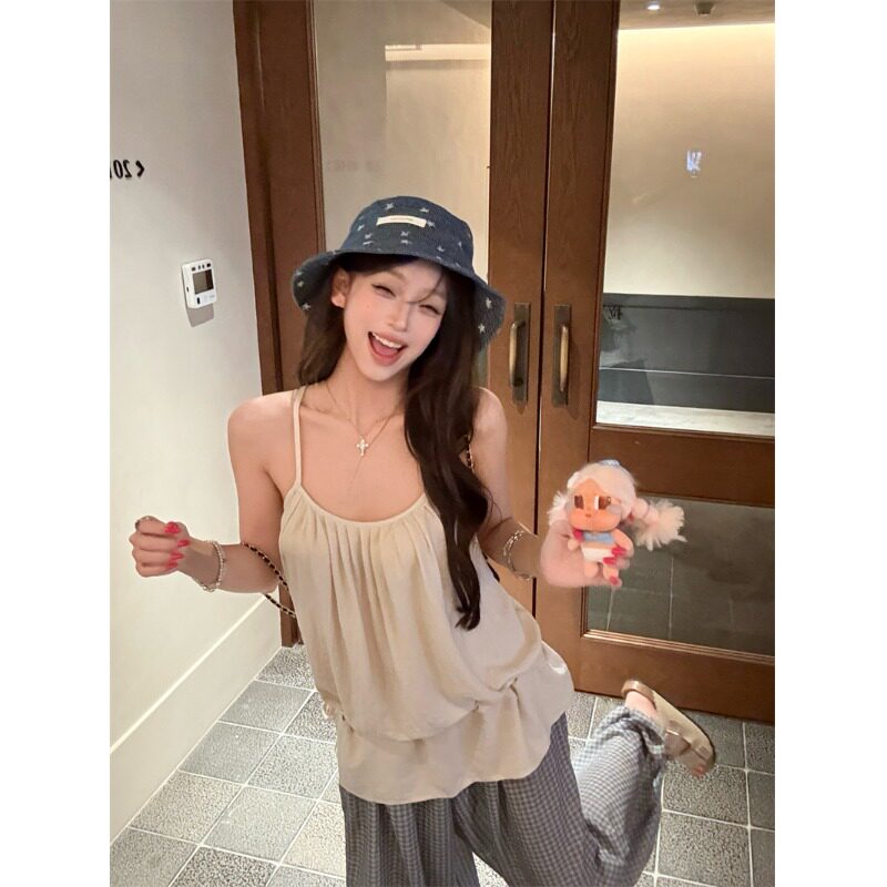 PPSHD| 甜妹奶油杏花边吊带上衣+打揽腰封格子灯笼裤套装
