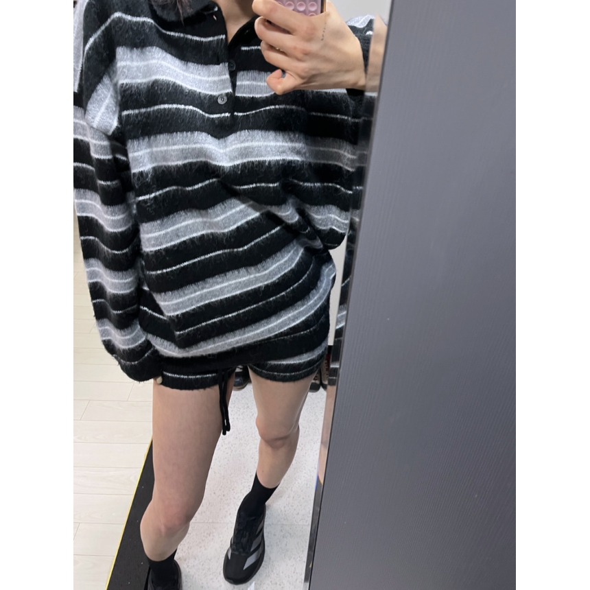 PPSHDINS韩国秋款摩登女王小翻领撞色条纹宽松针织衫+短裤套装