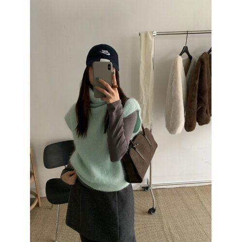 PPSHD秋冬软糯兔毛高领针织马甲女叠穿坎肩背心无袖毛衣百搭上衣