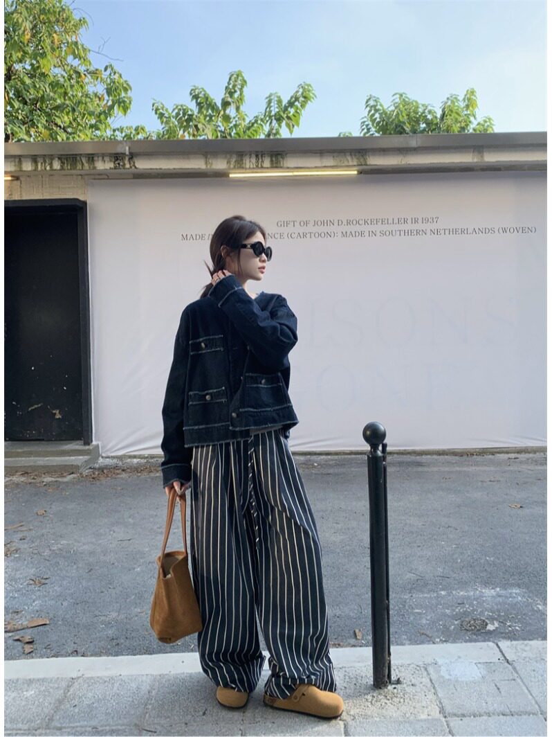 PPSHD 韩国ins手工毛边圆领牛仔小香短款外套+条纹裤子套装