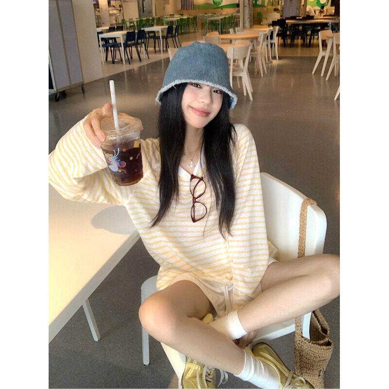 PPSHD 休闲显瘦柠檬黄条纹防晒上衣高腰休闲拼蕾丝裤子