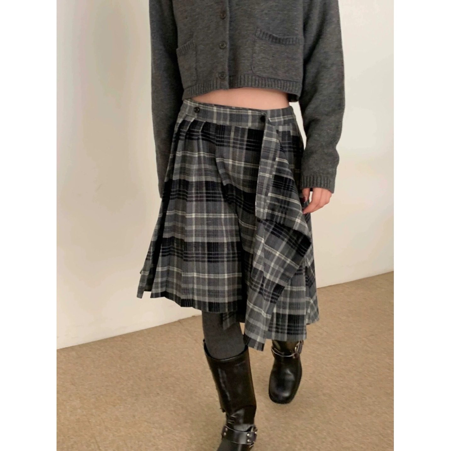 PPSHD新款韩国设计师LYSM复古不规则格纹束腰半身裙