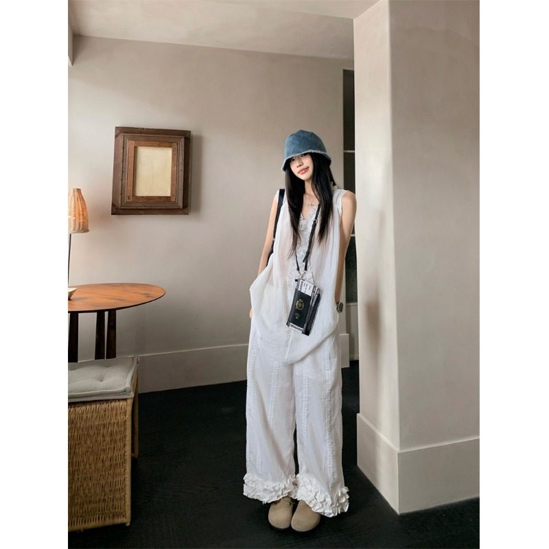 PPSHD 小个子洋气手工立体花边无袖衬衫上衣+休闲松紧腰裤子