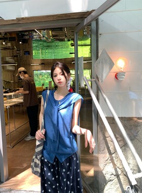 PPSHD 小清新克莱因蓝色无袖两穿休闲针织衫+大圆点棉麻分裤