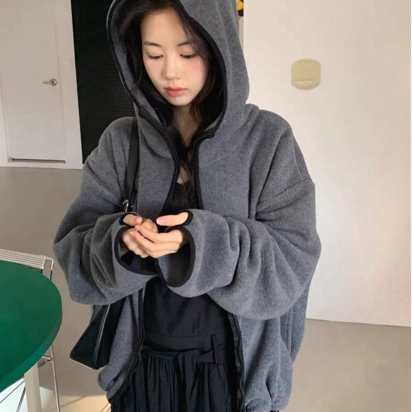 PPSHD| 韩国chic 双面摇粒绒连帽外套