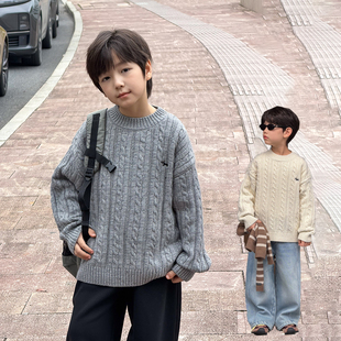 依依妈男童加厚刺绣麻花毛衣儿童冬装上衣宝宝宽松圆领打底针织衫