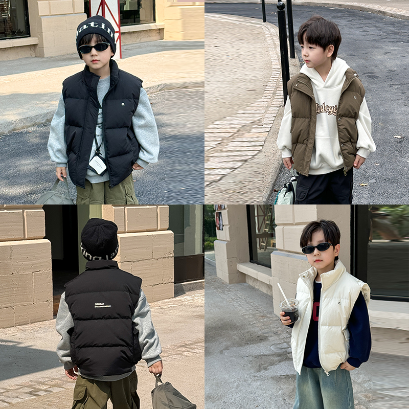 男童字母立领加厚夹棉纯色马甲