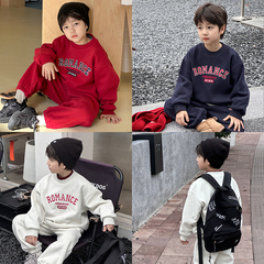 依依妈男童字母加绒运动套装儿童冬装宝宝红色拜年服卫衣卫裤两件