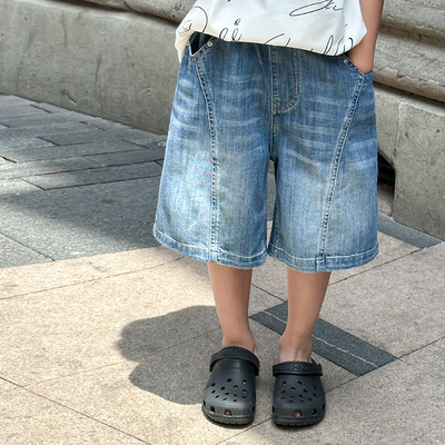 男童砂洗复古拼接五分牛仔短裤