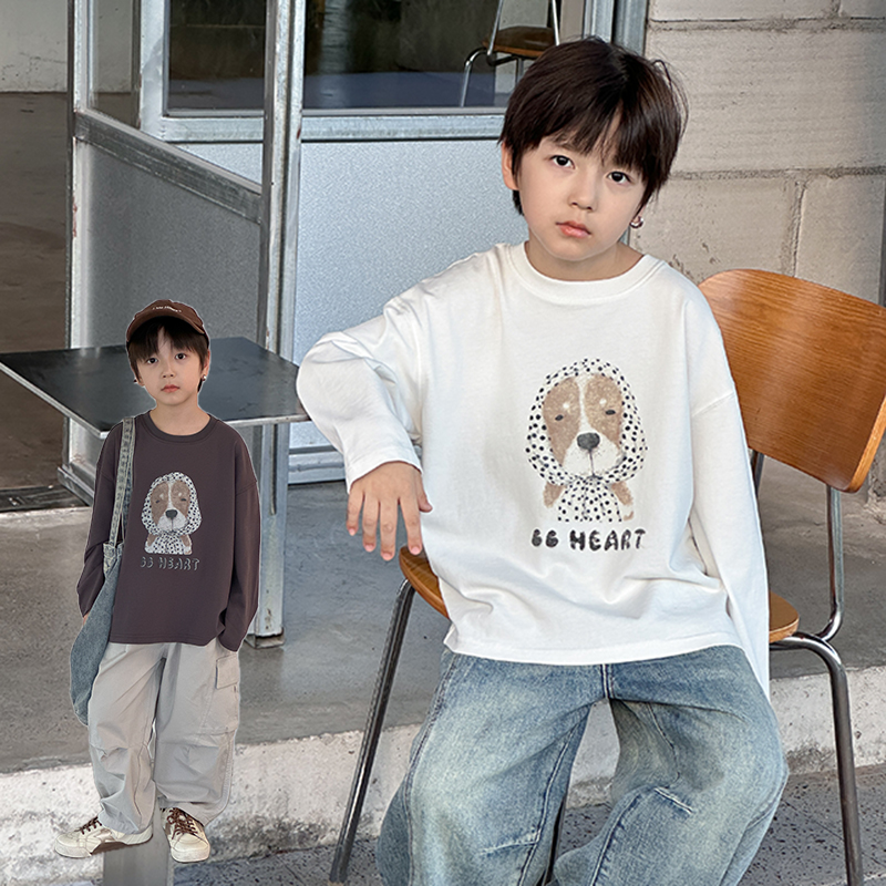 男童全棉字母小狗印花长袖t恤