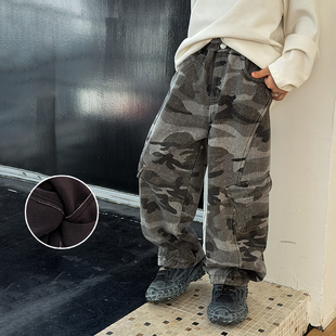 依依妈男童迷彩拼接加绒休闲裤儿童冬装宝宝奥粒绒宽松加厚束脚裤
