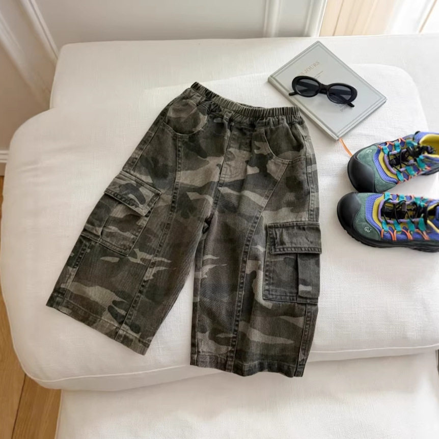 依依妈男童砂洗全棉拼接工装七分裤儿童夏装宝宝宽松直筒休闲裤子