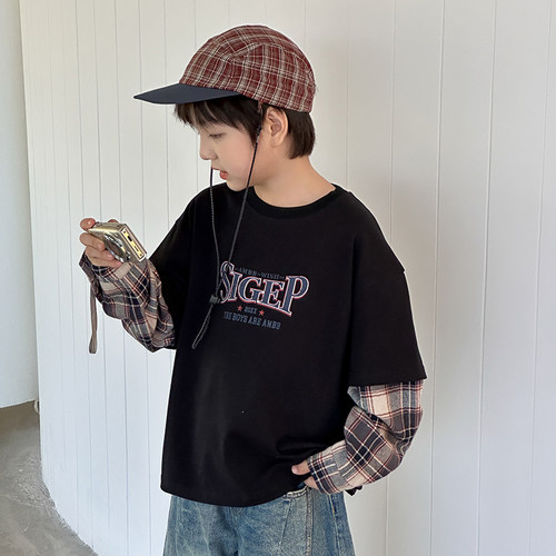 男童字母格子袖假两件长袖t恤