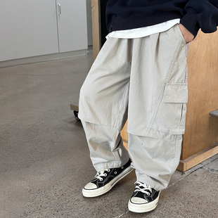 依依妈男童全棉拼接工装裤儿童秋装裤子宝宝宽松直筒纯色休闲裤