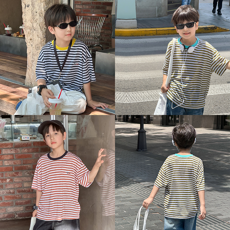 男童轻薄刺绣小狗条纹短袖t恤