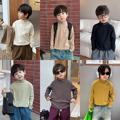 男童中高领字母保暖打底衫t恤