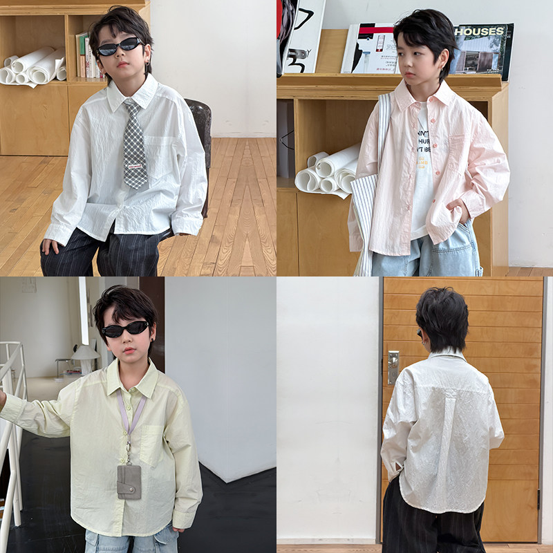 依依妈男童长袖衬衫儿童春装上衣宝宝宽松休闲纯色口袋翻领打底衫