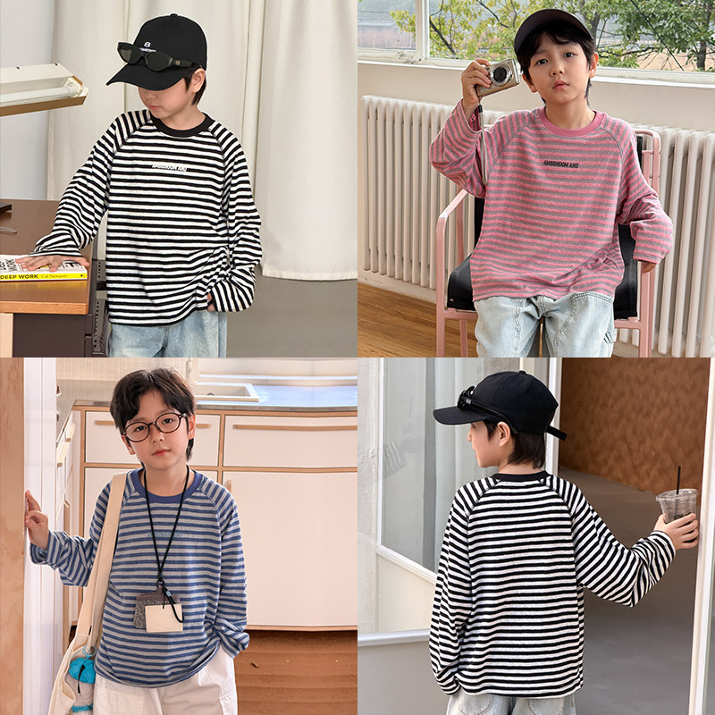 依依妈男童字母条纹长袖t恤儿童春装上衣宝宝宽松圆领撞色打底衫